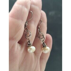 925 Sterling Silver Real Pearl Beaded Dangling Earrings Vintage READ Description
